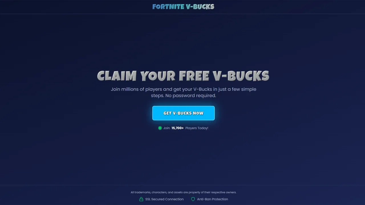 Interface du générateur de V-Bucks gratuit montrant la sélection du montant de V-Bucks et le champ pour le pseudonyme Epic Games.